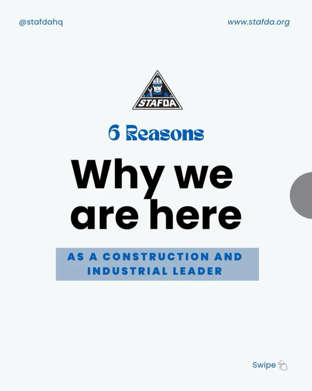 If you are wondering why we are here, or what we do, scroll through these 6 reasons, and visit our website to learn more: www.stafda.org 🤲

#stafda #supplychain #constructionandsupplychain #construction #constructioncompany #industrialleader
