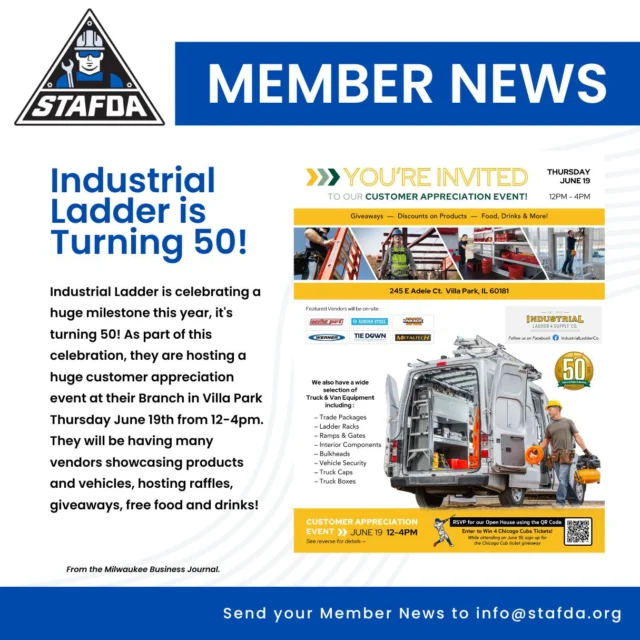 Help us give a big Congratulations to STAFDA member, @industrial.ladder, as they are turning 50!!! How incredible! As part of their celebration, they are hosting a huge customer appreciation event at their Branch in Villa Park, Thursday June 19th from 12-4pm. 

Go over and show your support if you can!