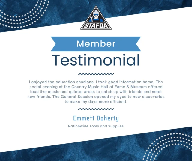 We want to give a huge, "Thank You!" to Emmett for giving us this awesome feedback after our Nashville Convention! We appreciate it more than you know.

Your reviews and testimonials mean the 🌎.

Feel free to leave us one on Google or on our website right here, https://stafda.org/testimonials/

Save the date for our next Convention in Phoenix, Nov. 9-11.