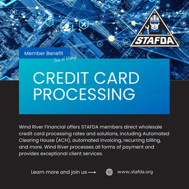 Another one of our many member benefits... Credit Card Processing at wholesale rates for STAFDA members!

Wind River Financial offers STAFDA members direct wholesale credit card processing rates and solutions, including Automated Clearing House (ACH), automated invoicing, recurring billing, and more. Wind River processes all forms of payment and provides exceptional client services.
